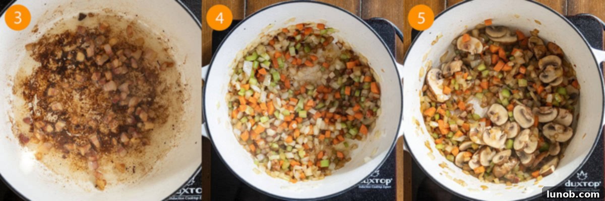 Pancetta and a medley of chopped carrots, onions, and celery sauteing in a Dutch oven after beef has been seared.