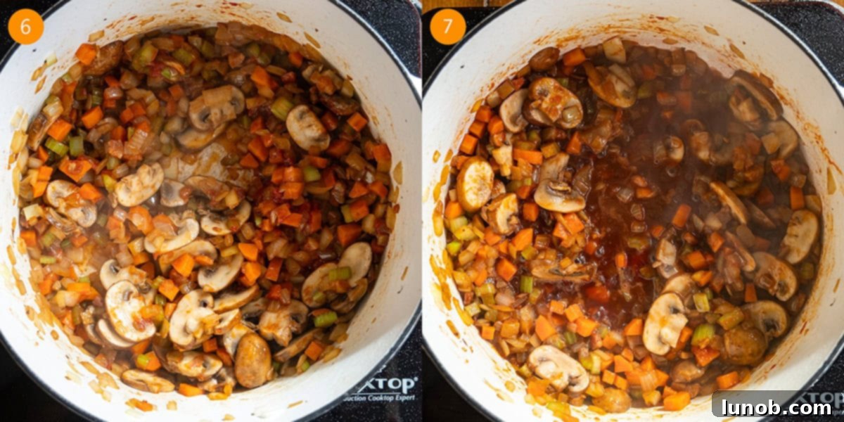 Tomato paste being caramelized with vegetables, followed by red wine simmering and reducing in a Dutch oven.