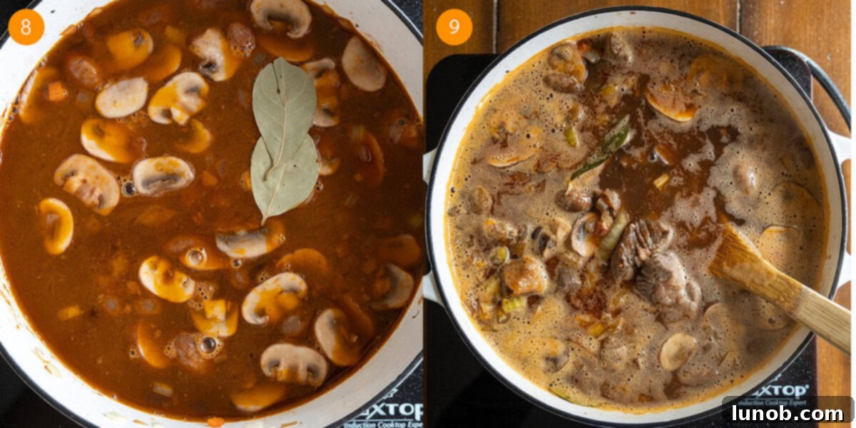 Beef broth, parmesan rind, and bay leaves simmering in a Dutch oven, with seared beef returned to the pot for slow cooking.