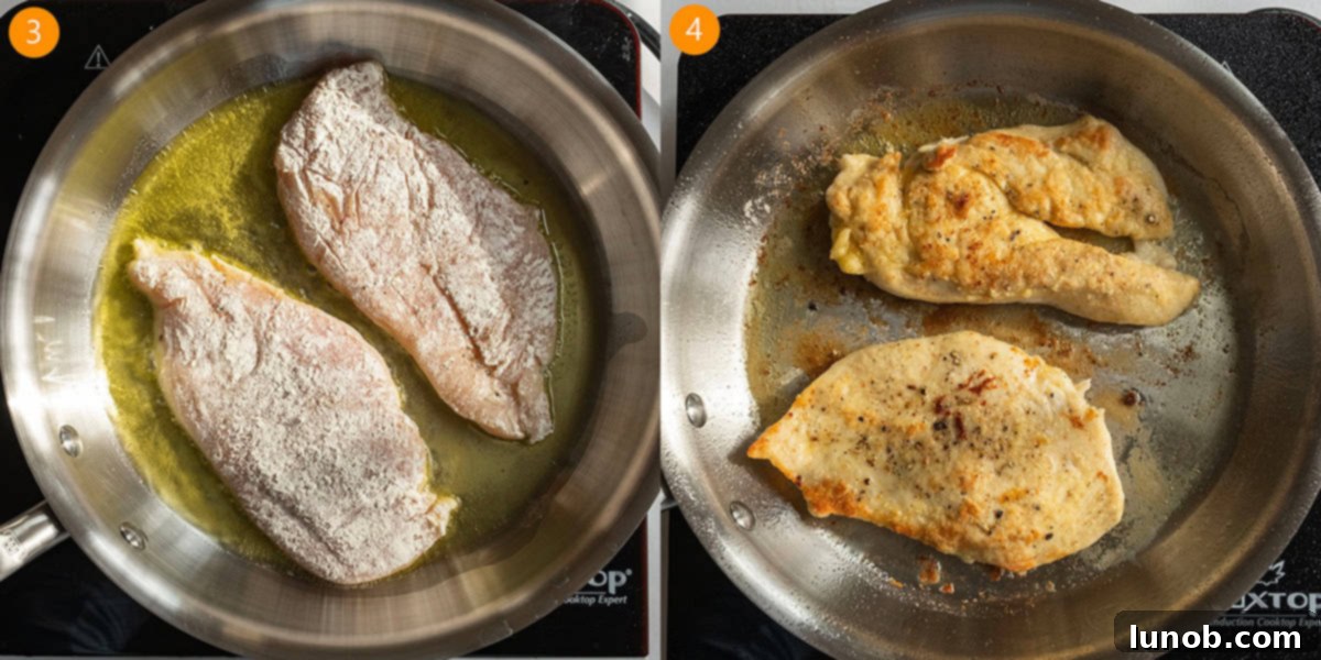 Frying chicken breast in olive oil in a saucepan.