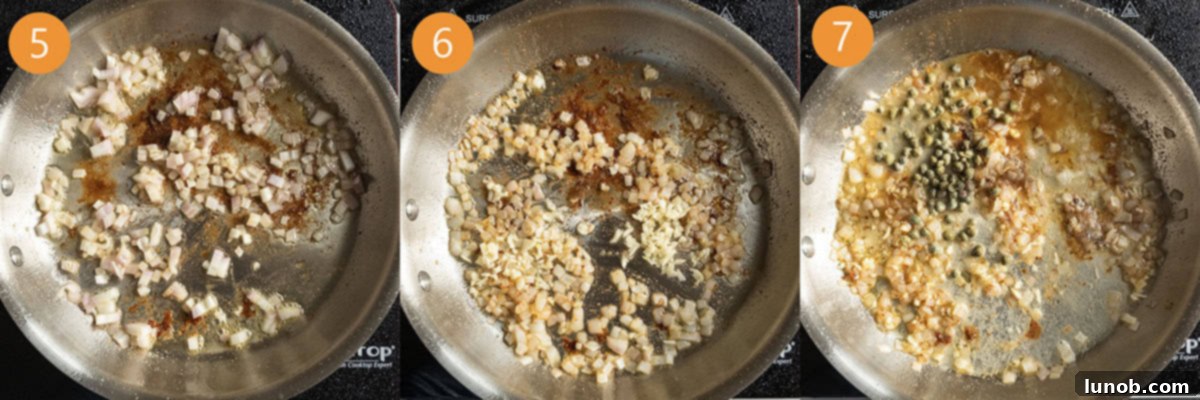 Sauteing shallots and garlic in a pan.