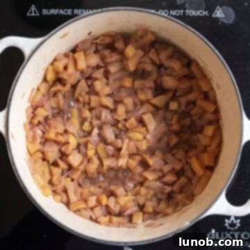 Golden Apple & Spice Chutney 8 Apples simmering gently in a dutch oven, halfway through cooking, softening into chutney.