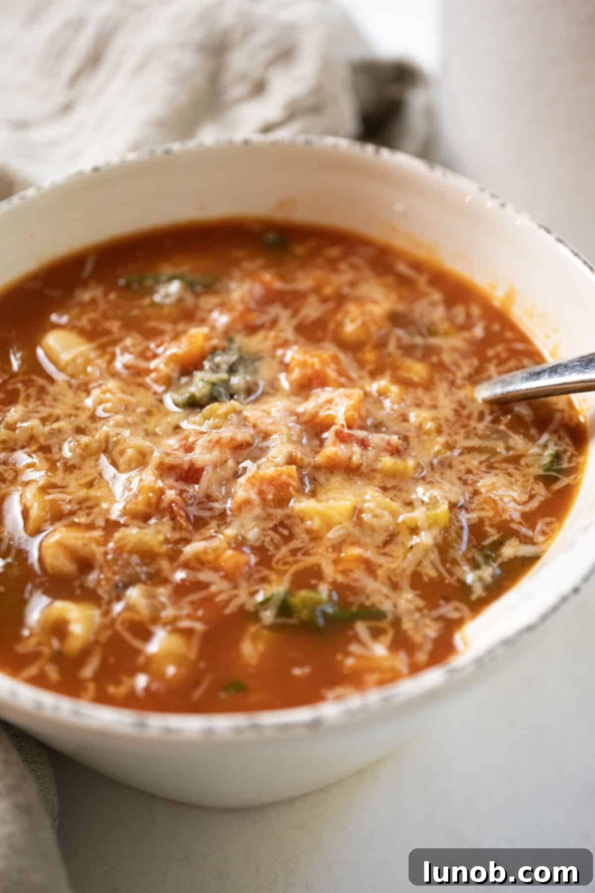 Traditional Italian Pasta Fagioli 2 A bowl of traditional Pasta Fagioli soup, generously topped with freshly grated Parmesan cheese, ready to be enjoyed.
