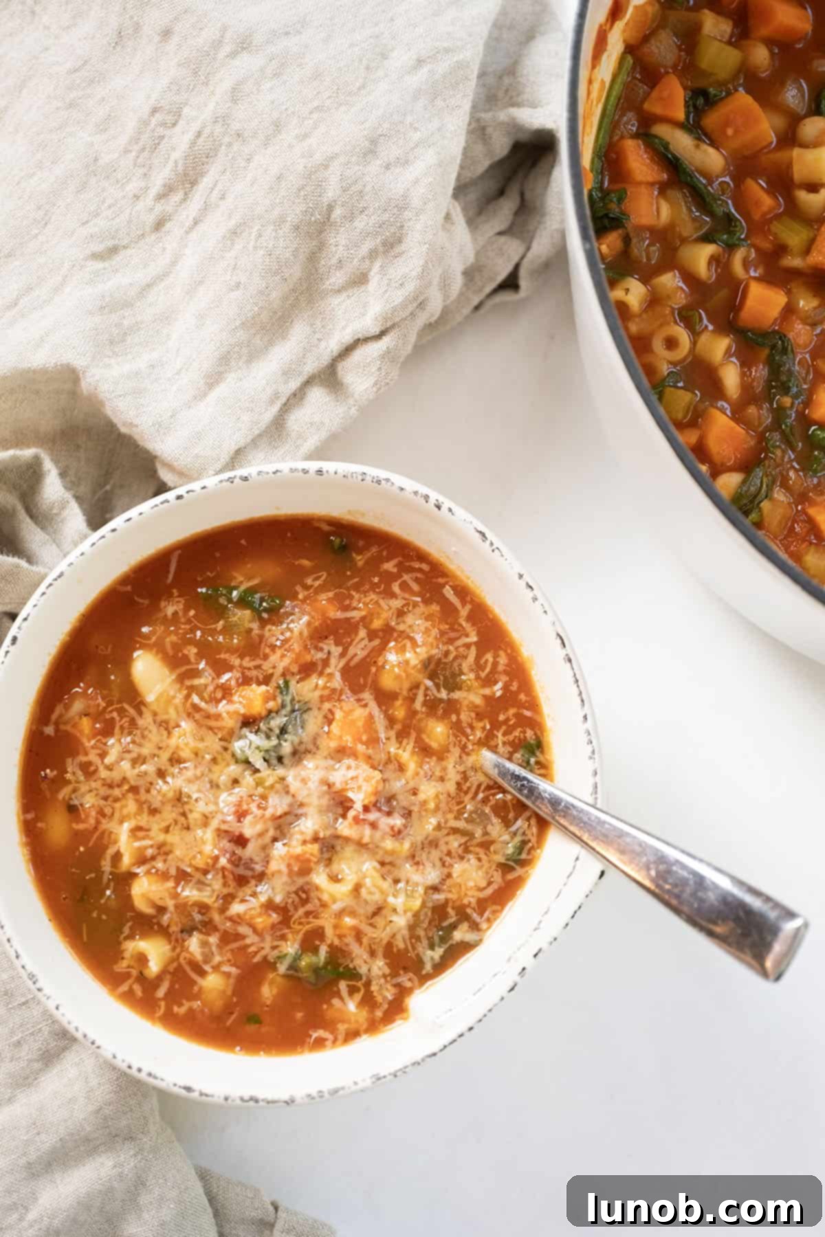 Traditional Italian Pasta Fagioli 11 A beautifully presented bowl of Pasta Fagioli, topped with grated Parmesan, beside the full Dutch oven of soup.