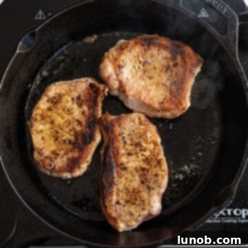 Ultimate Cast Iron Boneless Pork Chops 7 A seared boneless pork chop flipped over in a cast iron skillet, revealing a crispy underside.