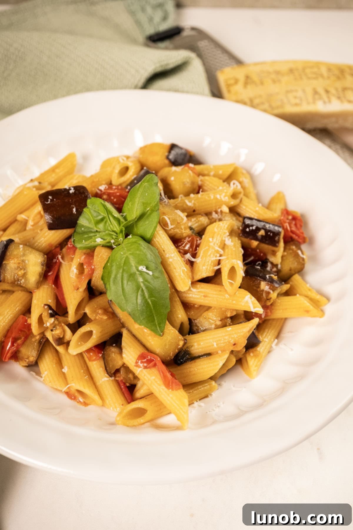 Rustic Eggplant Tomato Pasta 12 Pasta with eggplant and cherry tomatoes in a bowl garnished with fresh basil.