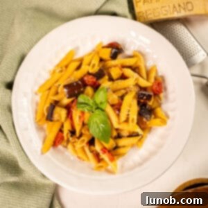Rustic Eggplant Tomato Pasta 13 Pasta with eggplant and cherry tomatoes in a bowl garnished with fresh basil.