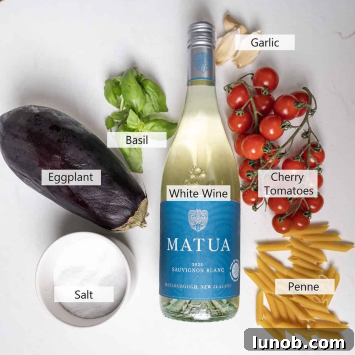 Rustic Eggplant Tomato Pasta 3 Ingredients for the recipe.