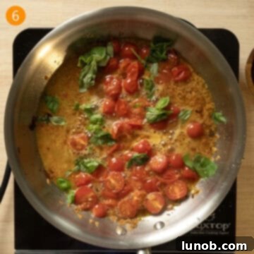 Rustic Eggplant Tomato Pasta 9 Basil and pasta water added to the cherry tomato and wine sauce.