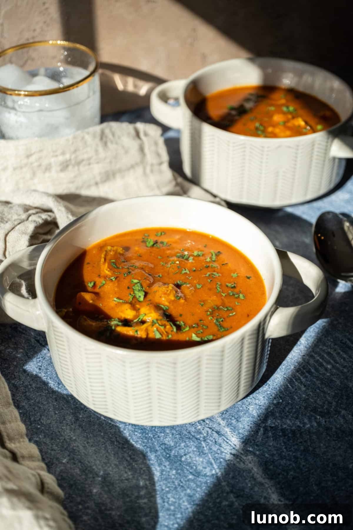 Velvet Butter Chicken Soup 2 A steaming bowl of creamy butter chicken soup, generously topped with fresh cilantro, ready to be enjoyed.