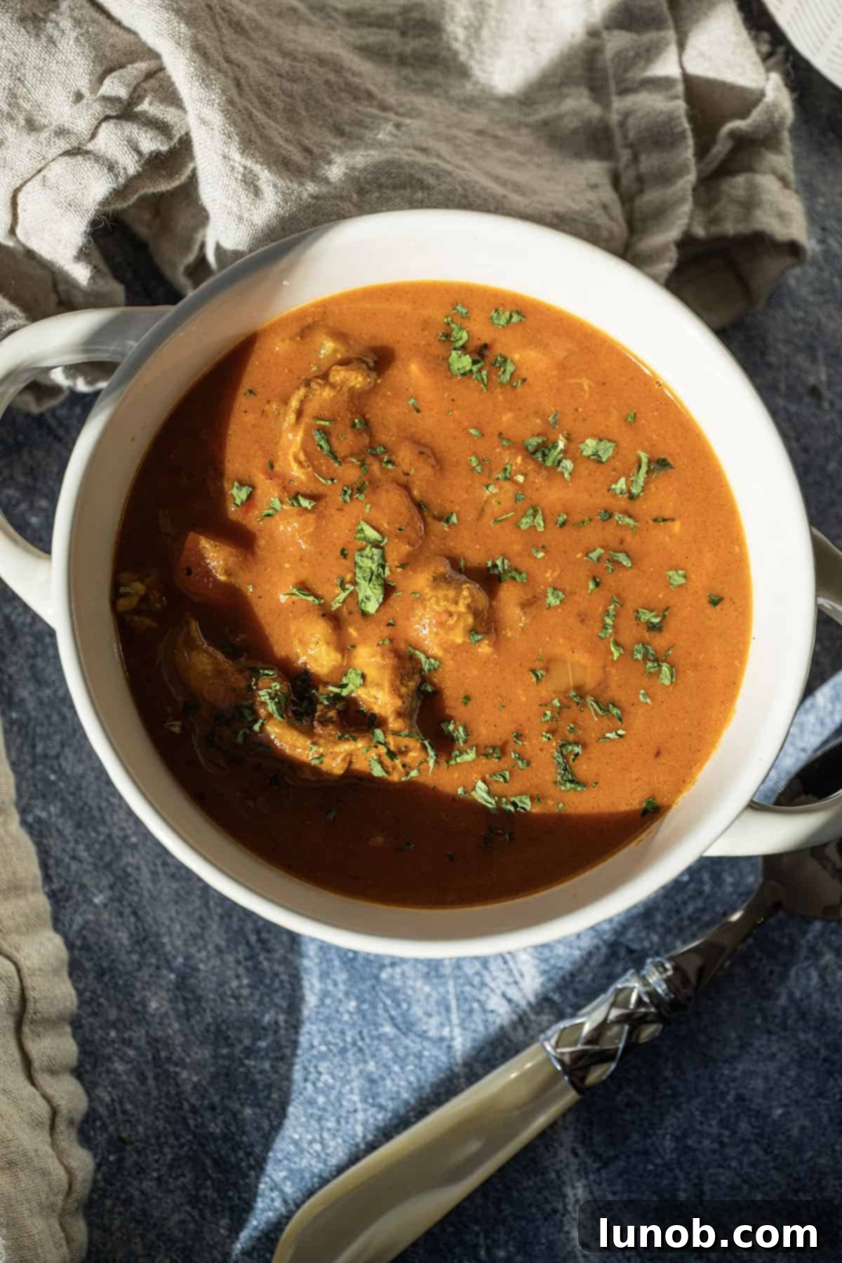 Velvet Butter Chicken Soup 11 A close-up of a serving of butter chicken soup, vibrant with spices and garnished with fresh cilantro.