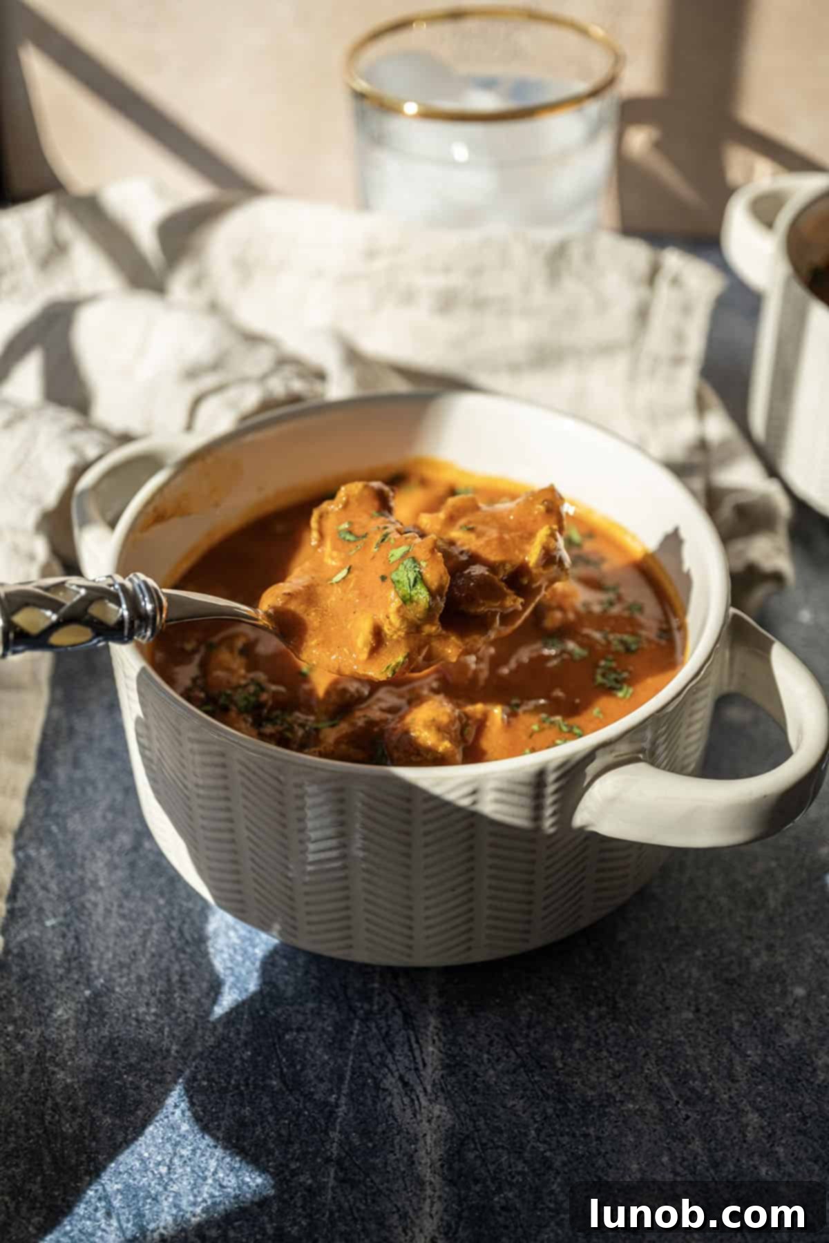 Velvet Butter Chicken Soup 12 A bowl of butter chicken soup garnished with fresh cilantro, photographed from a different angle.