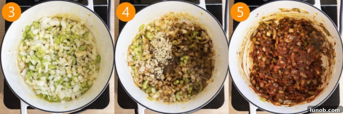 Velvet Butter Chicken Soup 7 Diced onions and celery being sautéed in melted butter in a Dutch oven, softening and releasing their aromas.