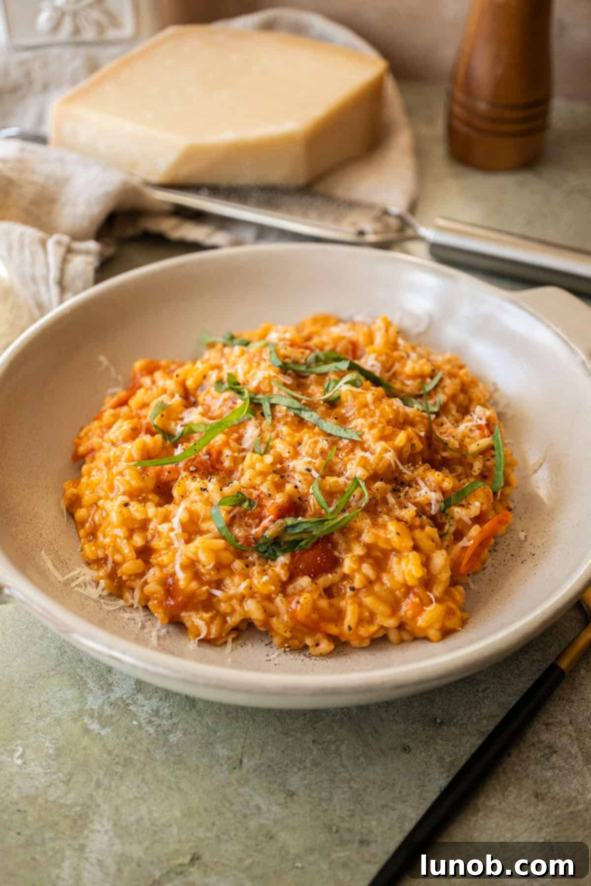 Velvet Tomato Risotto 2 Creamy cherry tomato risotto in a bowl topped with fresh basil.