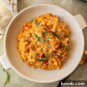 Velvet Tomato Risotto 11 Creamy cherry tomato risotto in a bowl topped with fresh basil.