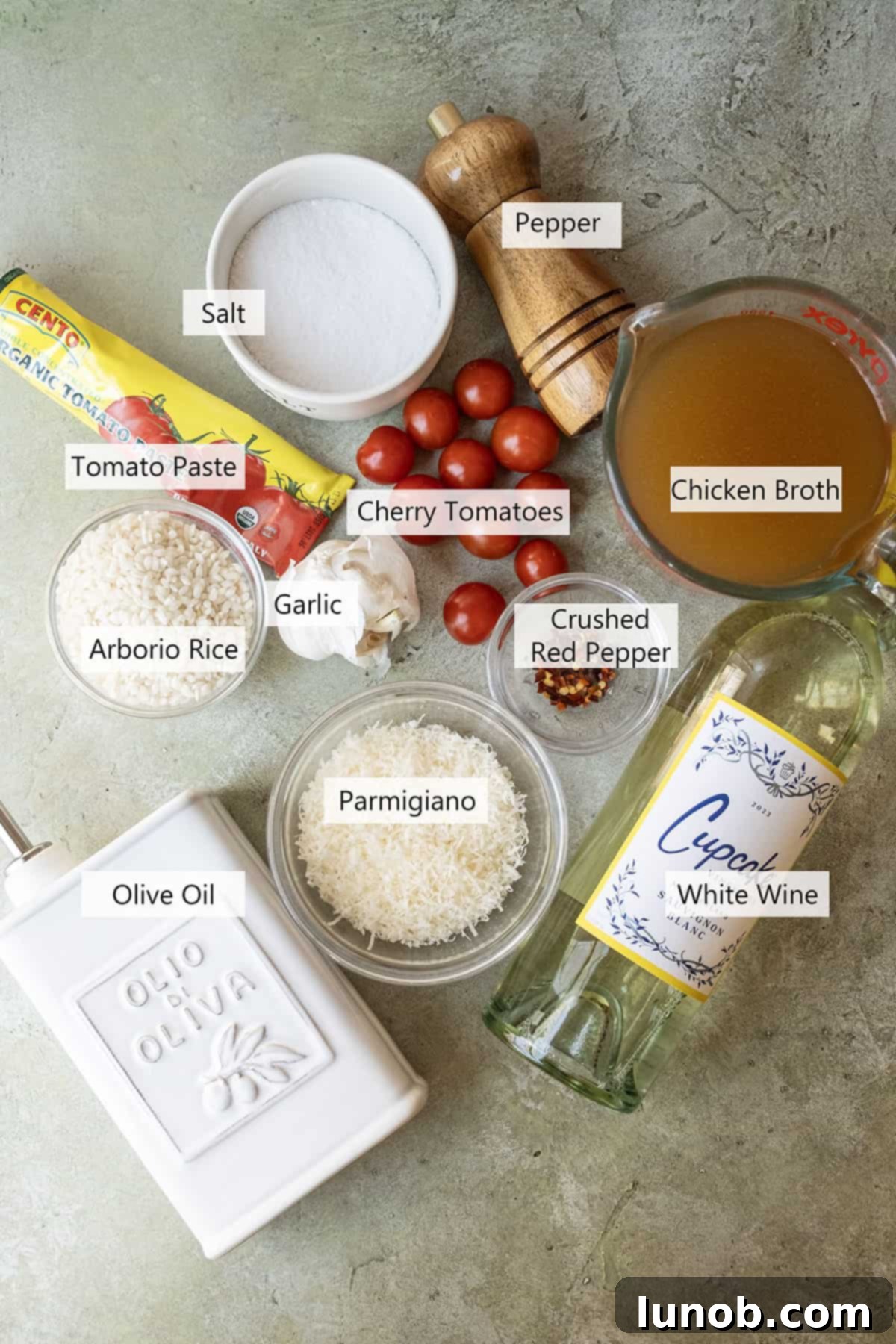 Velvet Tomato Risotto 3 Ingredients for the recipe.