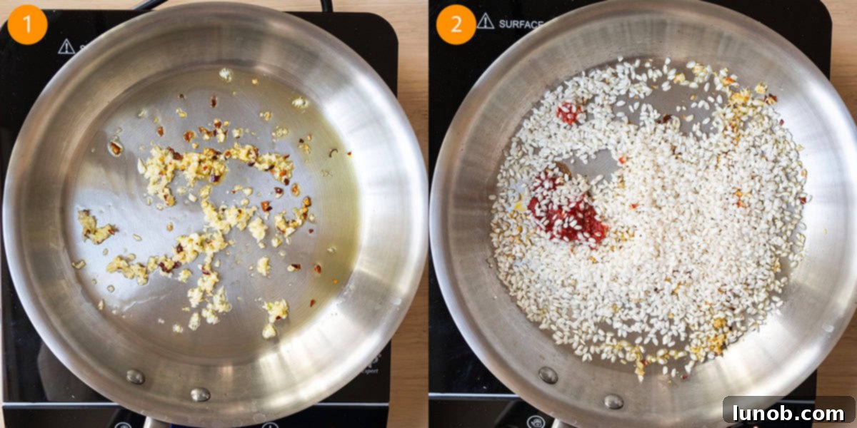 Velvet Tomato Risotto 4 Sauteing garlic and toasting risotto in a saucepan.