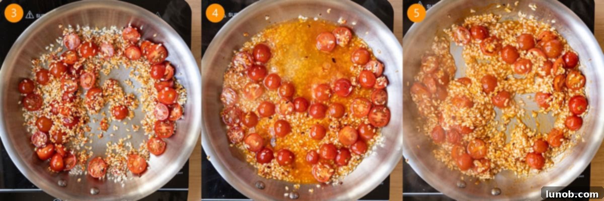 Velvet Tomato Risotto 5 Steps showing sauteing cherry tomatoes, then simmered in white wine, then arborio rice soaking up all the wine.