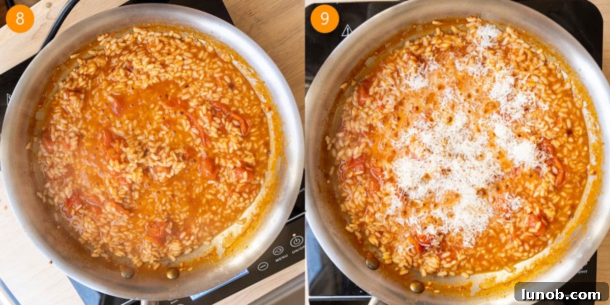 Velvet Tomato Risotto 7 Small amount of chicken broth left with risotto then parmesan cheese added.