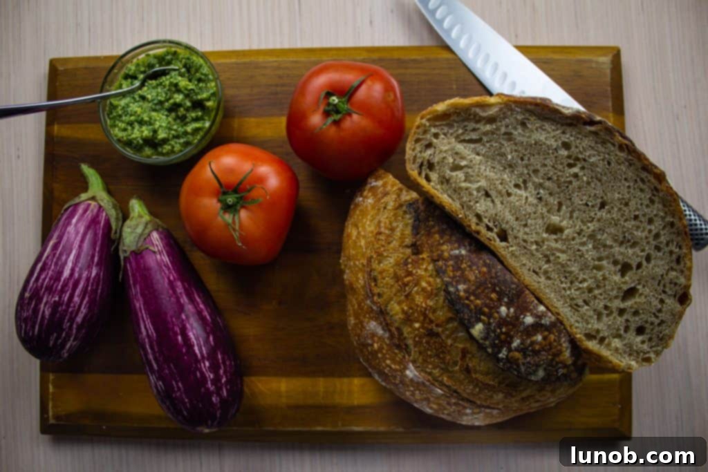 Caprese Eggplant Melt 3 Fresh ingredients for eggplant and tomato grilled cheese with pesto