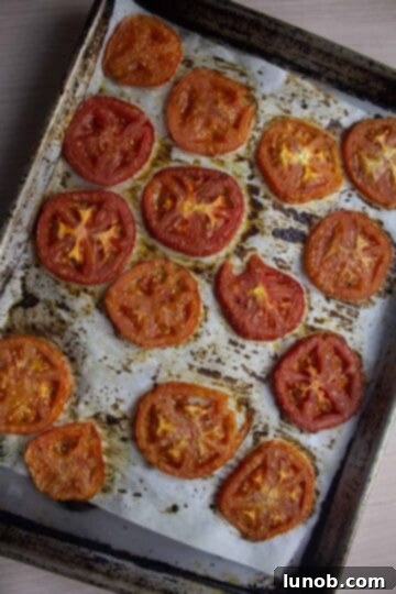 Caprese Eggplant Melt 5 Roasted tomatoes on a parchment-lined sheet pan, deep red and slightly shriveled, indicating perfect doneness.