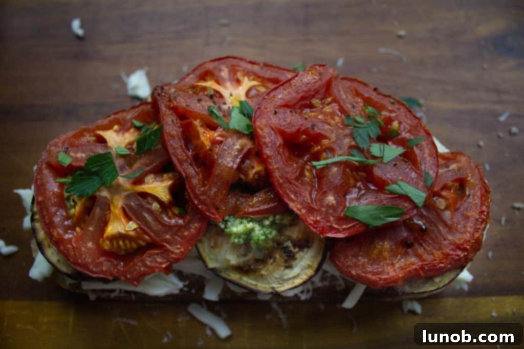 Caprese Eggplant Melt 6 Assembled grilled cheese with eggplant, roasted tomatoes, pesto, and cheese before frying, showcasing layers of ingredients.