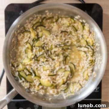 Chicken broth absorbing into rice in saucepan.