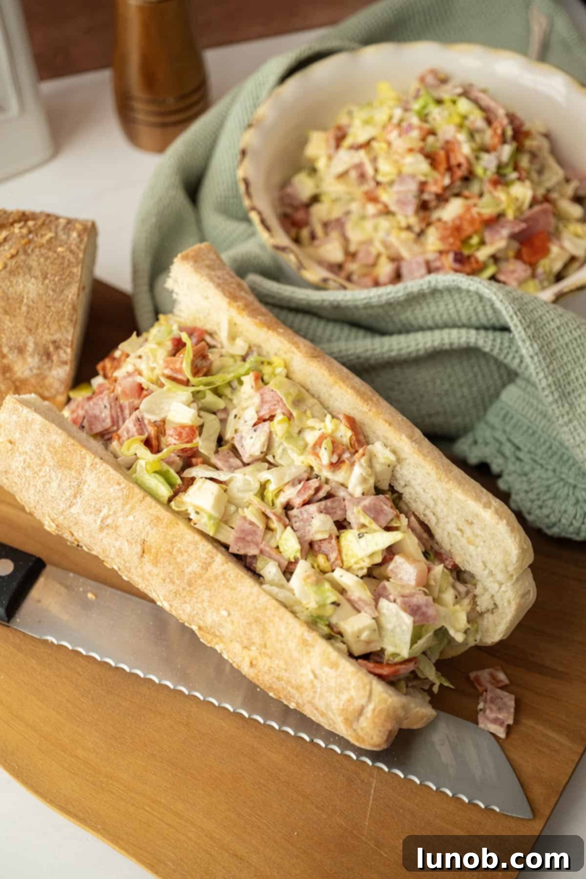 Chopped Italian salad in an sandwich roll with a bowl of the salad behind.