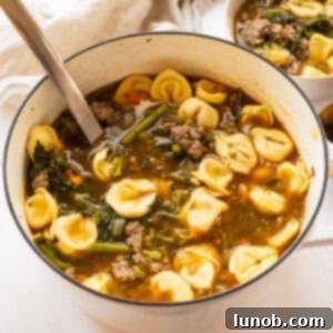 Sausage and broccoli rabe soup with tortellini in a dutch oven.