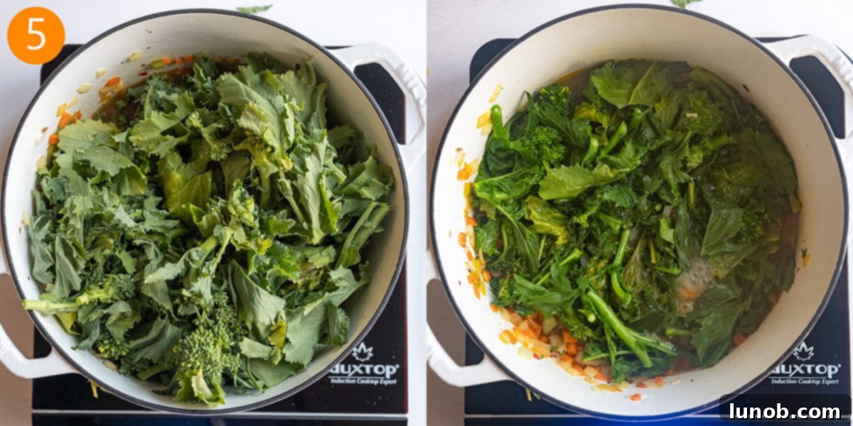 Hearty Broccoli Rabe and Tortellini Soup 8 Wilting broccoli rabe in dutch oven with vegetables.