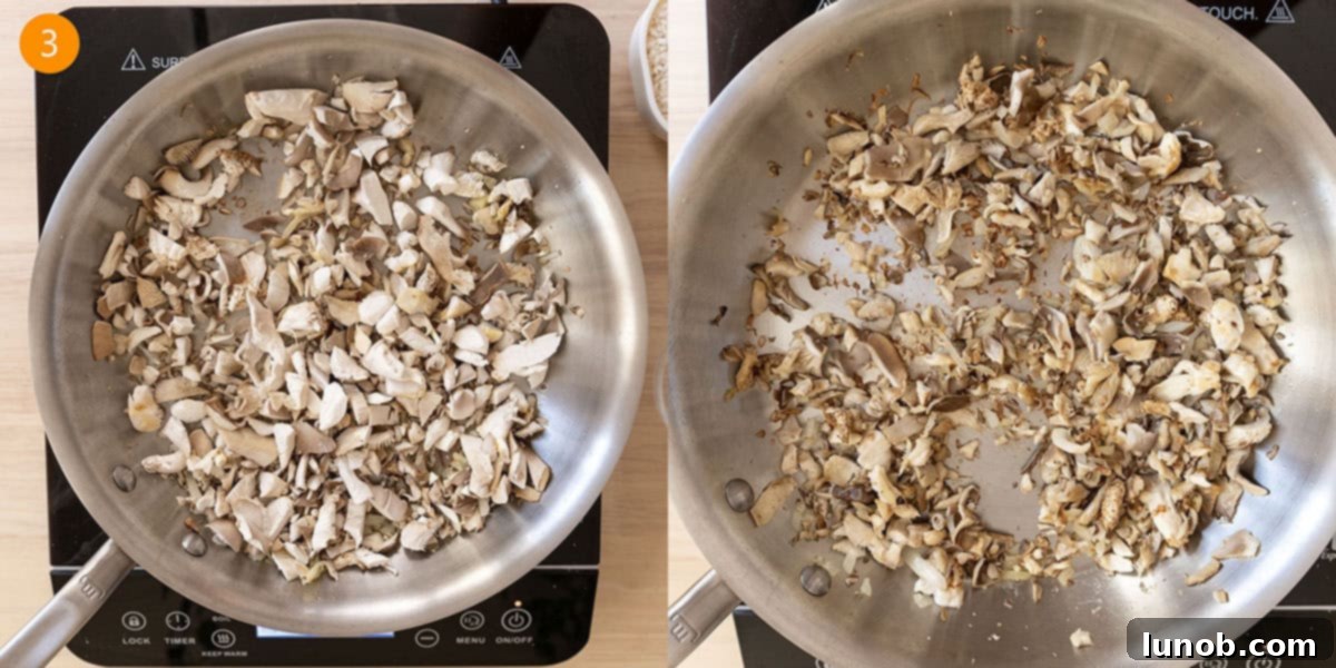Sauteing mushrooms in a pan.