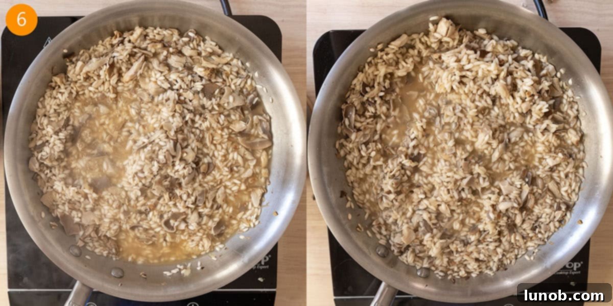 Simmering the rice in chicken broth in stages.