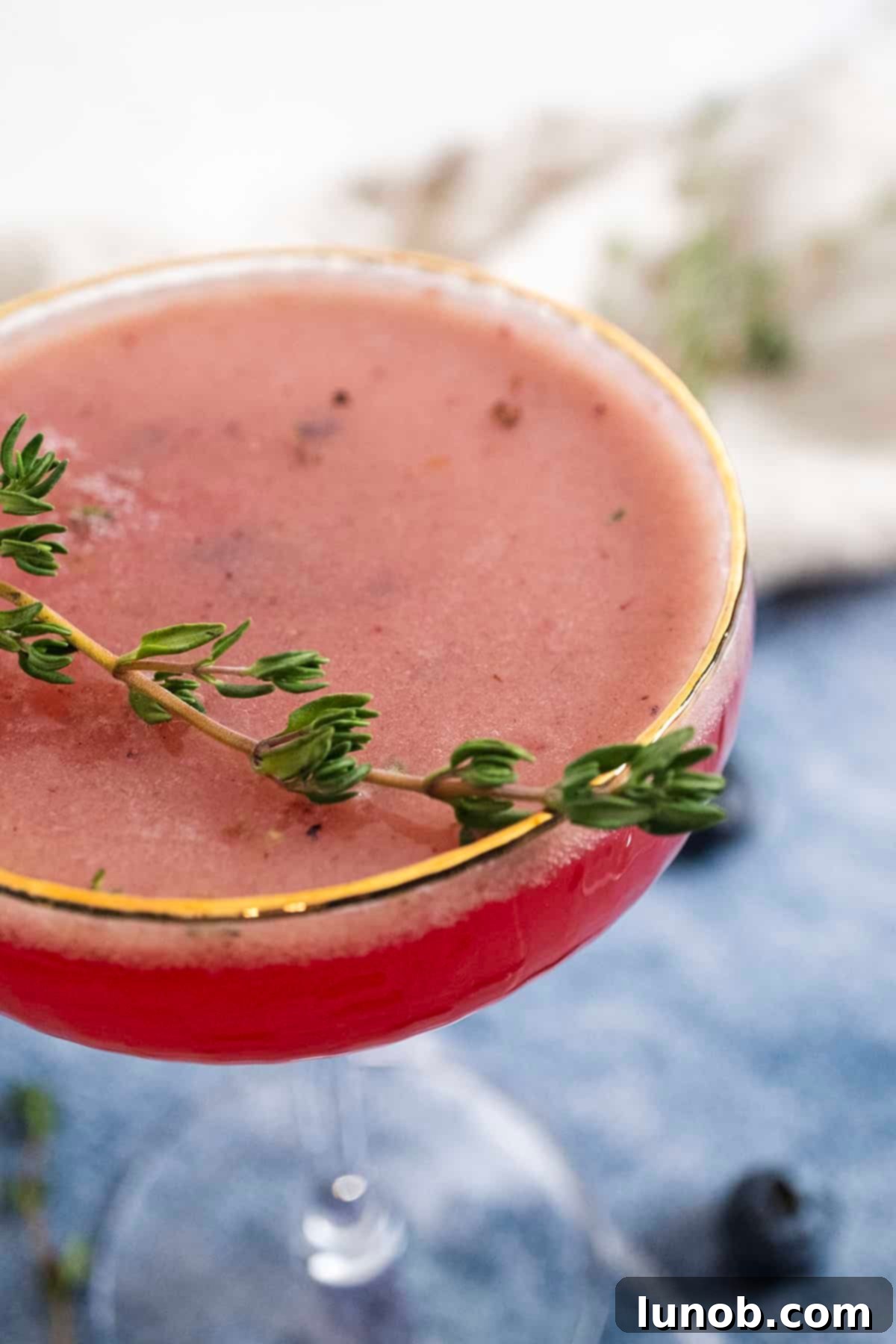 Blueberry Blitz Mocktail 2 A vibrant blueberry mocktail, garnished with a fresh sprig of thyme, sits in an elegant glass, ready to be enjoyed.