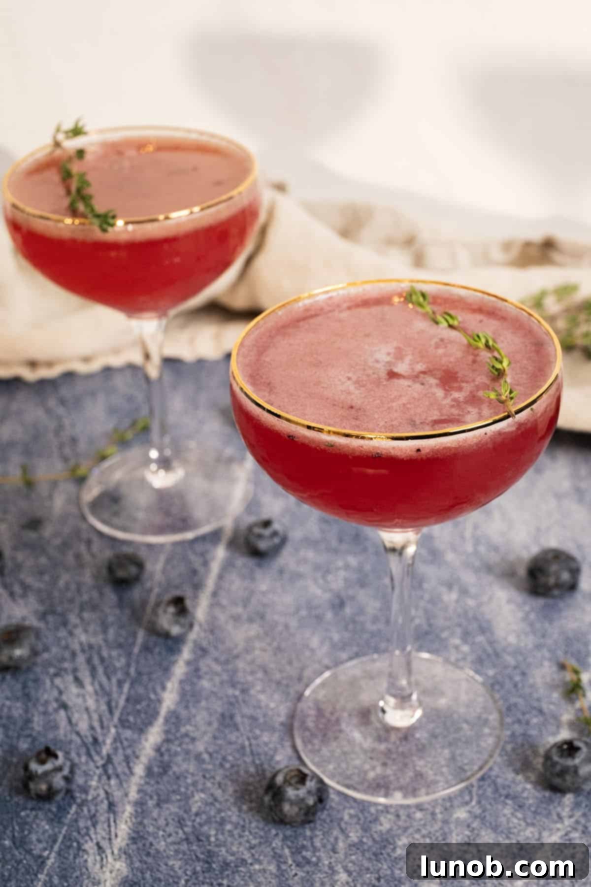 Blueberry Blitz Mocktail 4 Two vibrant blueberry mocktails, each garnished with a sprig of thyme, are presented in elegant glasses.