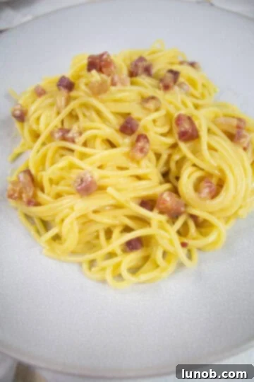 The Art of Perfect Carbonara 14 Spaghetti carbonara made with pancetta, showcasing its slightly different texture and color.