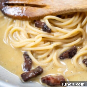 The Art of Perfect Carbonara 18 Spaghetti carbonara with too much pasta water, resulting in a watery sauce that doesn't cling.