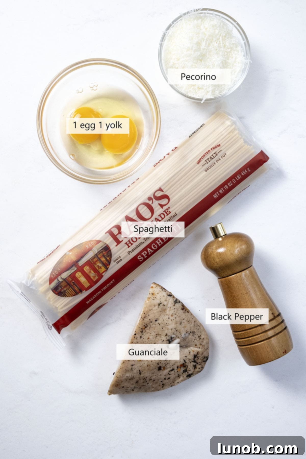 The Art of Perfect Carbonara 3 Ingredients for authentic spaghetti carbonara, including guanciale, pecorino romano, eggs, and black pepper, laid out on a wooden surface.