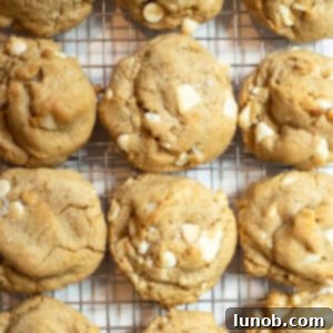 Soft Baked White Chocolate Macadamia Delights 12 White chocolate macadamia nut cookies on a cooling rack.
