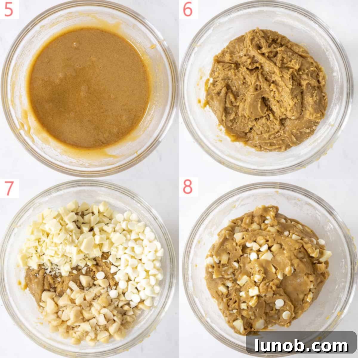 Soft Baked White Chocolate Macadamia Delights 8 A sequence of four images demonstrating the process of combining wet and dry ingredients for cookie dough.