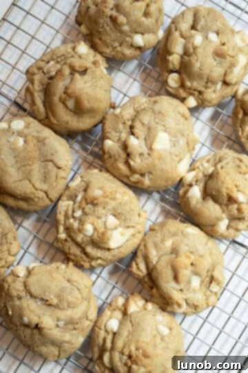 Soft Baked White Chocolate Macadamia Delights 10 Freshly baked white chocolate macadamia nut cookies cooling on a wire rack, garnished with flaky sea salt.