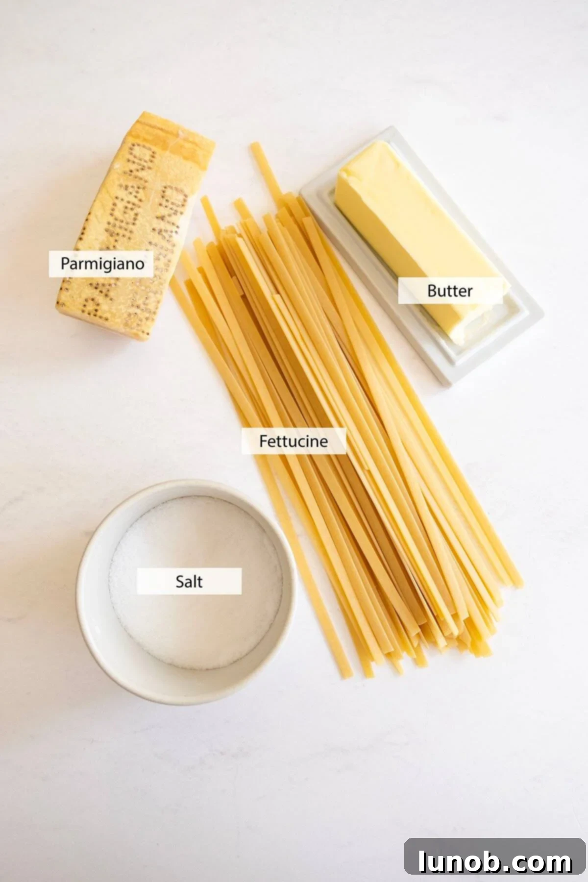 Traditional Roman Fettuccine Alfredo 3 Ingredients laid out for the Fettuccine Alfredo recipe, including pasta, butter, and a block of Parmigiano-Reggiano.
