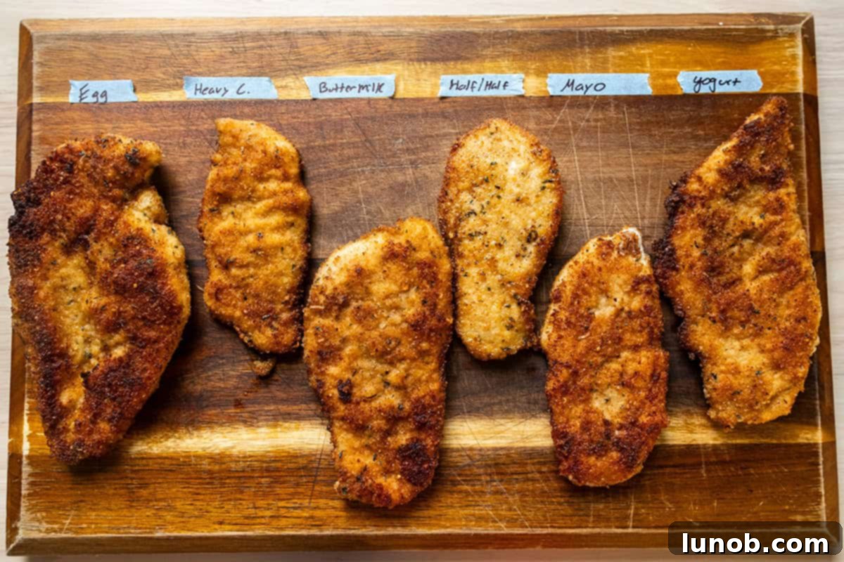 Various chicken cutlets on a wooden cutting board, each labeled with the batter substitute used, like heavy cream, buttermilk, mayonnaise, yogurt, and half and half.