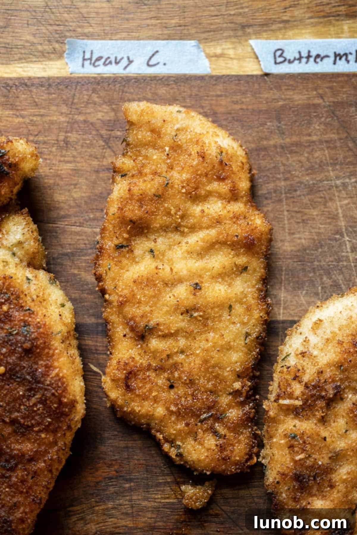 Crispy chicken cutlet perfectly coated with breading, indicating it was battered in heavy cream.