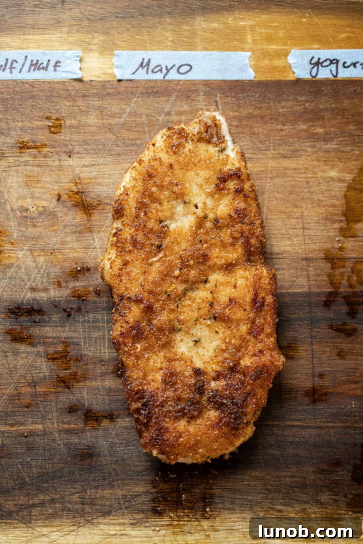 Fried chicken cutlet with a slightly less uniform breading, battered using mayonnaise.
