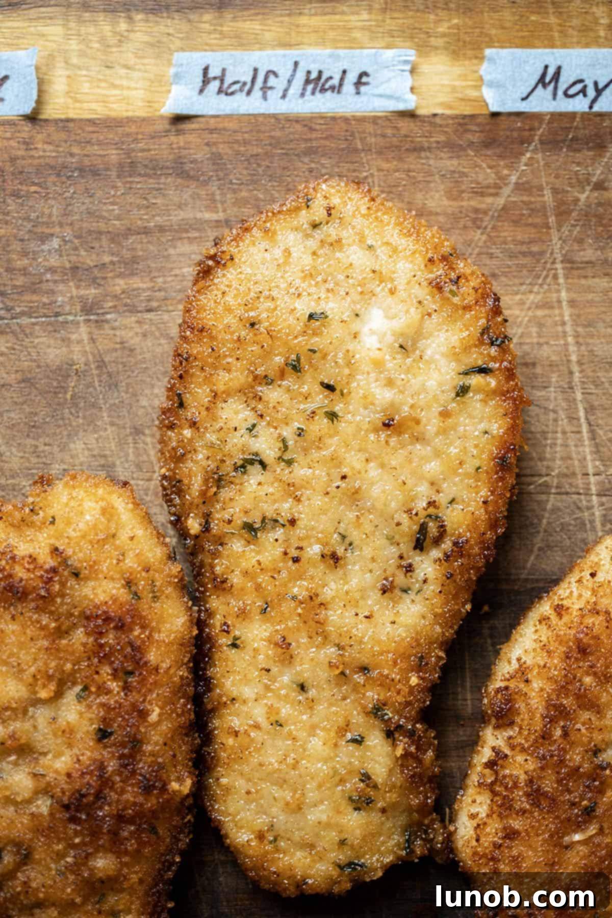 Fried chicken cutlet, lightly breaded, indicating it was prepared using half and half as the batter.