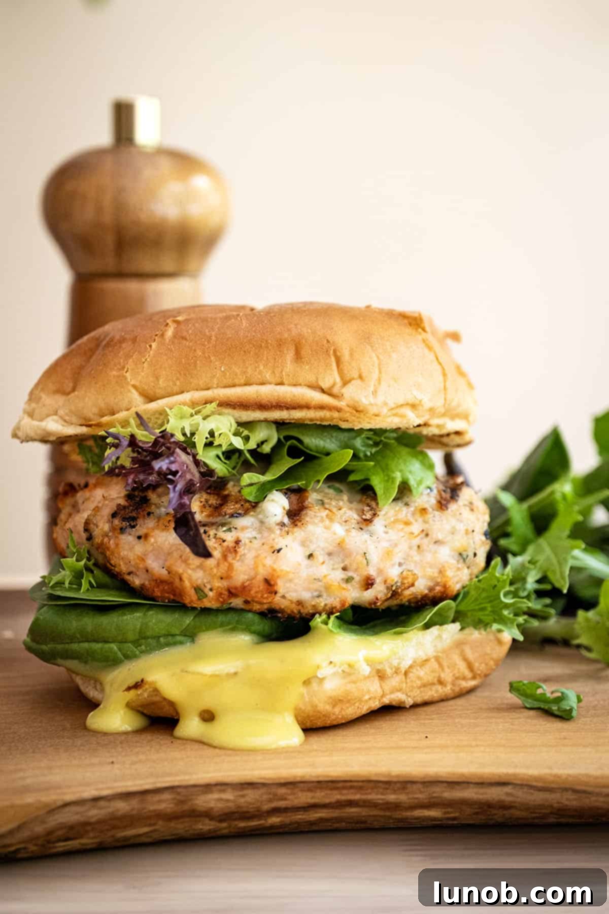 Gourmet Gorgonzola Grilled Chicken Burger 2 Grilled chicken burger on a bun with garlic aioli.