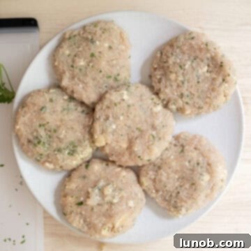 Gourmet Gorgonzola Grilled Chicken Burger 5 Ground chicken patties on a plate.