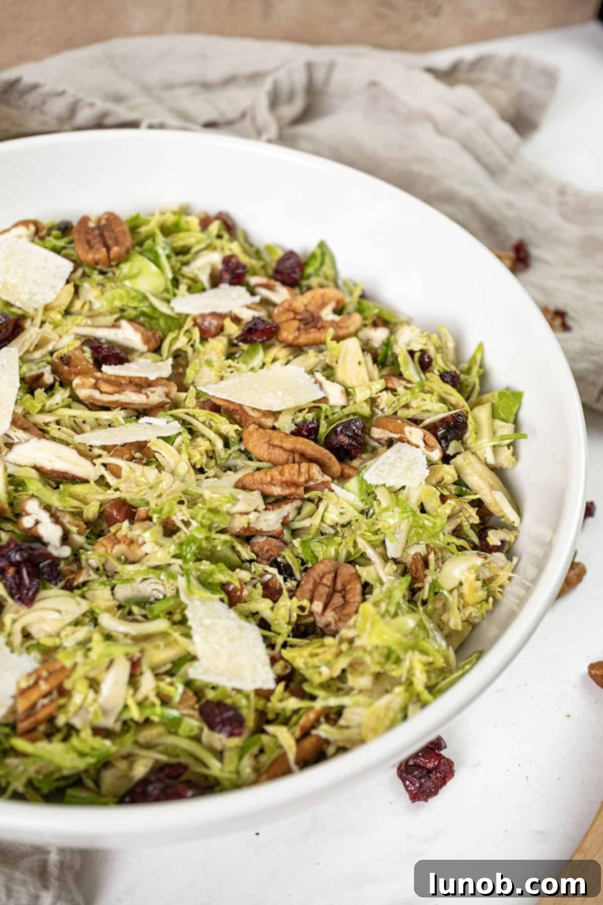 Crispy Pancetta Brussels Sprout Salad 2 Brussels sprouts salad in a bowl topped with dried cranberries and pecans. A perfect fall salad.