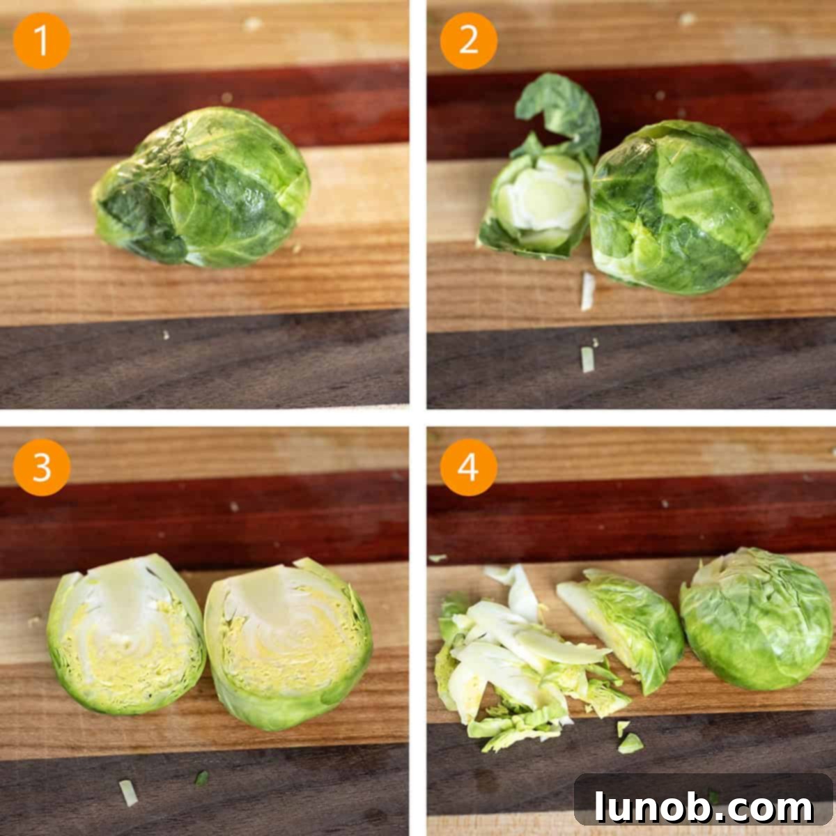 Crispy Pancetta Brussels Sprout Salad 4 Visual steps demonstrating how to thinly chop Brussels sprouts for a salad, ensuring even slices.