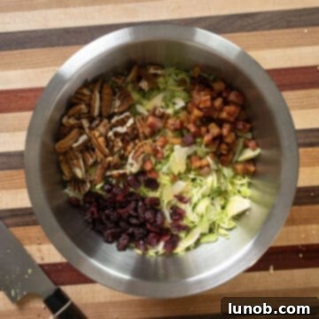 Crispy Pancetta Brussels Sprout Salad 8 Dried cranberries, pecans, and crispy pancetta being added to the shredded Brussels sprouts in a bowl.